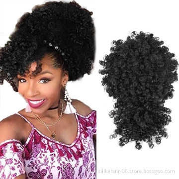 Hot Black Afro Puff Hair Pieces For Women Short Kinky Curly Chignon With Bangs Drawstring Ponytail Synthetic Hair Bun Extensions
